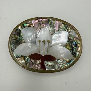 Womens Mother of Pearl Abalone Lily Flower Brass Belt Buckle Mexico 2.75"x2"